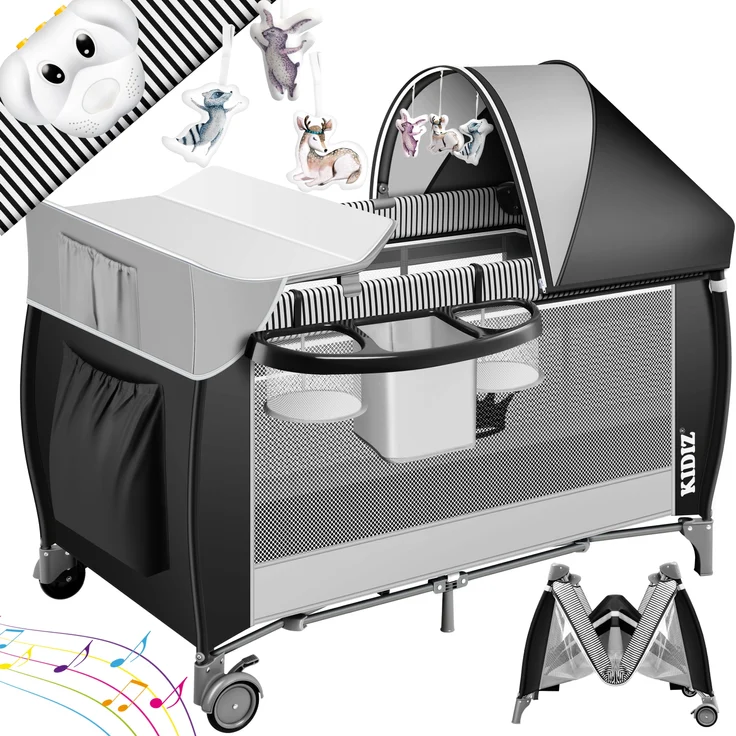 KIDIZ® Babybett Reisebett Kinderreisebett Faltbar mit Matratze 120x60, Seiteneingang, Wickelauflage, Mosktionetz, Spielbogen & Tragetasche Baby Beistellbett Kinderbett ab Geburt bis 15 kg Schwarz – Bild 1