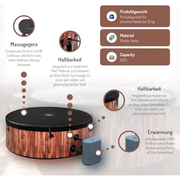 COIL COIL Whirlpool SPA Aufblasbar, Hydromassagebadewanne für 6 Personen, 175 cm, TEAK, In- & Outdoor, 138 Luftdüsen, 1500 W Heizung – Bild 4