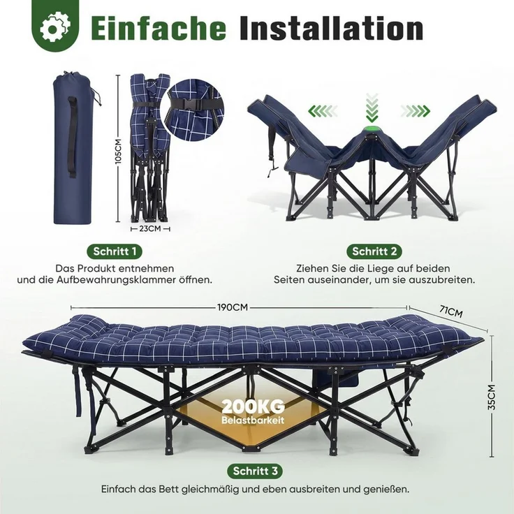 Sekey Feldbett 190x71 cm Campingbett Klappbar mit Matratze Gästebett Klappbett Tragbares Campingliege bis 200kg, Kariert, für Outdoor, Indoor, Reisen – Bild 4