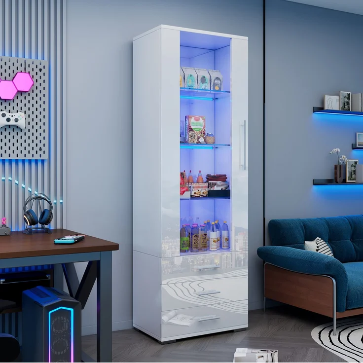 DESVIAE Vitrine aus MDF, Weiß, mit LED-Beleuchtung und 3 Schubladen, 60x180x35 cm – Bild 1