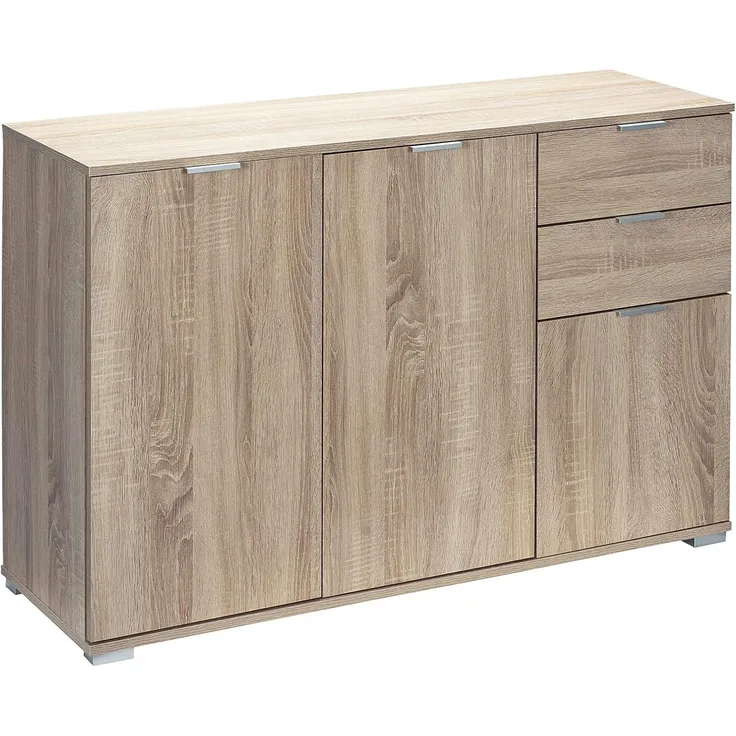 Deuba Kommode Alba mit 3 Türen 2 Schubladen 107 x 74 x 35 cm Modern Flur Wohnzimmer Sideboard Anrichte Mehrzweckschrank Eiche