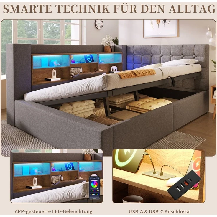 SeedWave Daybett Leinen-Polsterbett mit Stauraum, Lichtleiste&Ladefunktion 90/140×200cm, Tagesbett mit Hydraulik, Schutzgeländer beiderseits montierbar – Bild 4