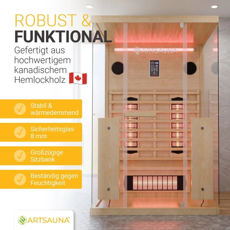 Artsauna Infrarotkabine Göteborg 120 – Natur, Wärmekabine mit Vollspektrumstrahlern, Hemlockholz & Sicherheitsglas, LED-Beleuchtung – Bild 3