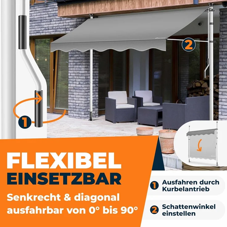 KESSER® Klemmmarkise mit Handkurbel & LED Lichterkette | Balkonmarkise ohne Bohren | Markise UV-beständig höhenverstellbar & wasserabweisend | Sonnenschutz für Balkon Terrasse & Garten Grau, 300cm – Bild 3