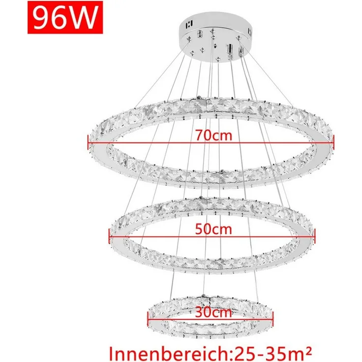 FIVMEN LED Deckenleuchte Pendelleuchten 48W/72W/96W Hängelampe Kronleuchter Dimmbar, LED fest integriert, Kristall Hängeleuchte 2 Ringe/3 Ringe