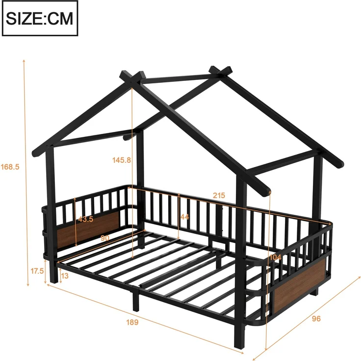 Kinderbett aus Metall in Hausform, 90 x 200 cm, mit Sicherheitsgitter, Dachdesign und dekorativem Rahmen, für Jungen und Mädchen, Schwarz – Bild 5