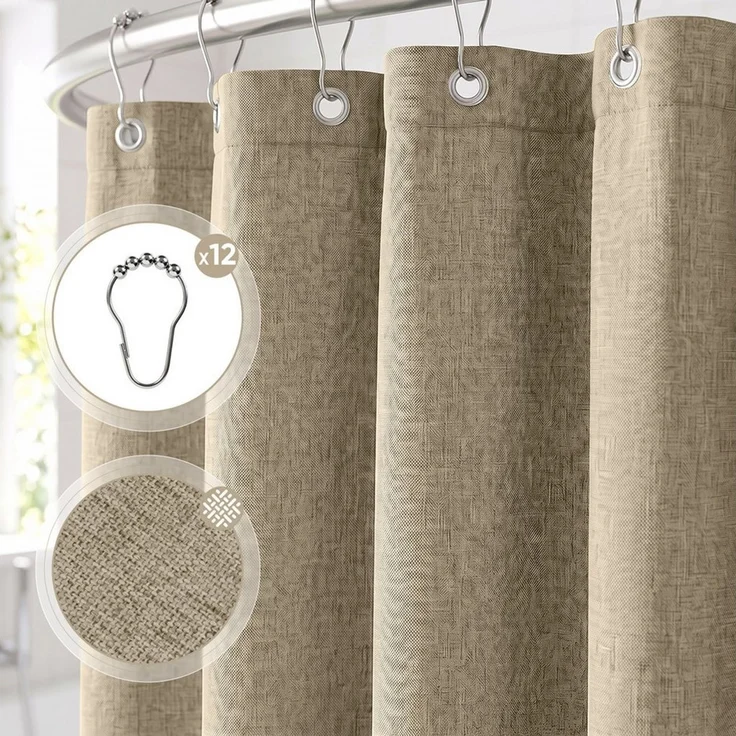 Sekey Duschvorhang Textil Duschvorhang Wannenvorhang Waschbar wasserabweisend mit Ringe Breite 180 cm (Packung, inkl. 12 Ringe), Badewannenvorh, 100% Polyester, Leinenoptik 180x200cm Weizen – Bild 2