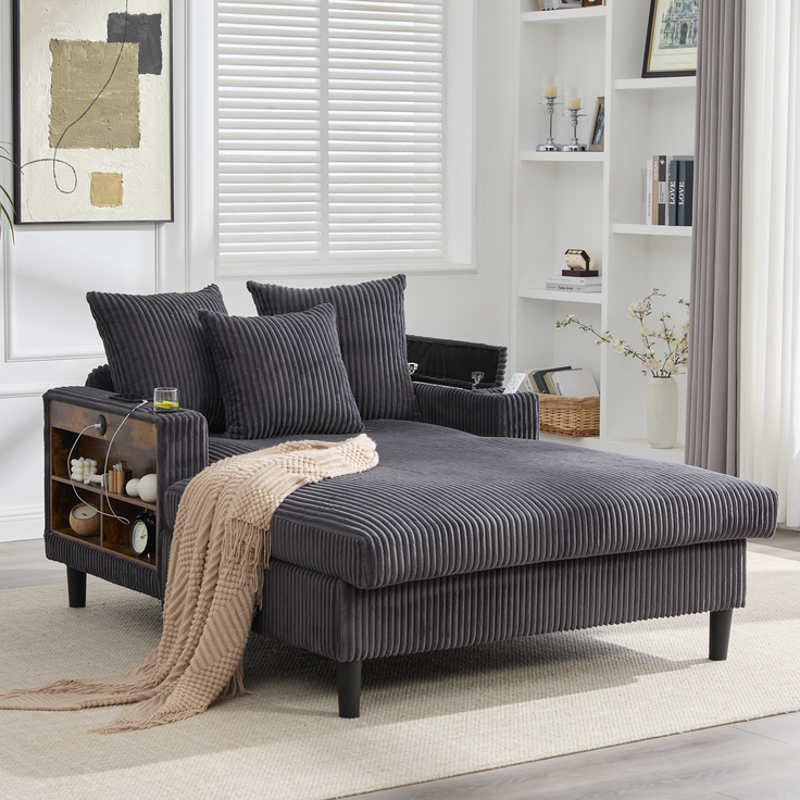 LVHOM Schlafsofa mit LED & USB, Chaiselongue mit Becherhalter & Stauraum, großes Einzelsofa bis 300kg belastbar, inkl. 3 Kissen, 129x170cm, Grau – Bild 9