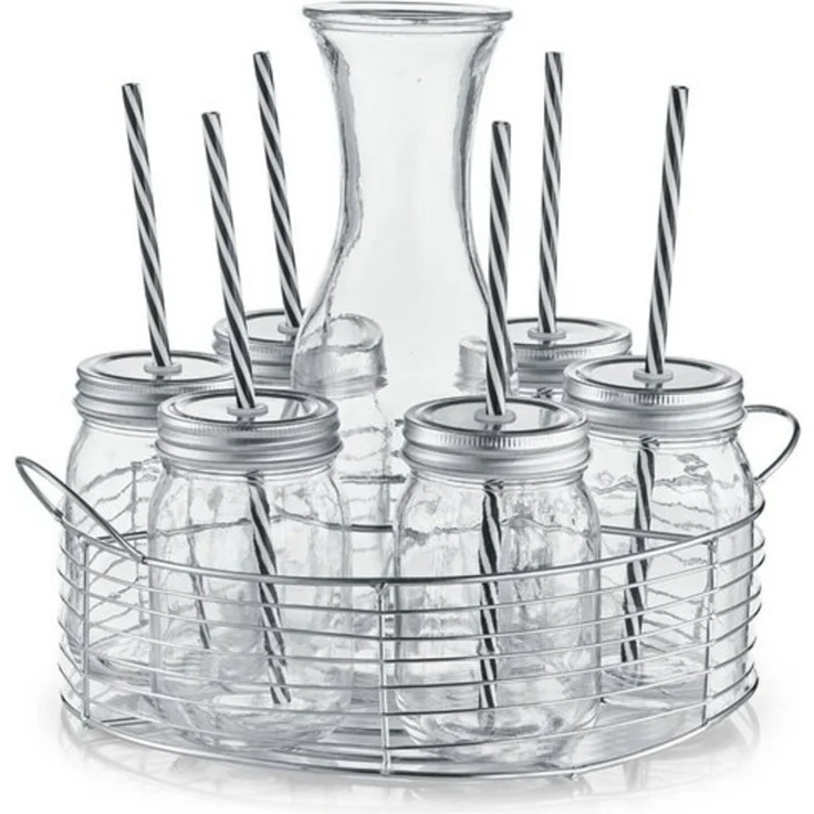 Neuetischkultur Karaffe Gläserset mit Glaskaraffe, (Set, 8-tlg, 1 Karaffe, 6 Gläser mit Deckel und Strohhalm, 1 Tragekorb) – Bild 2