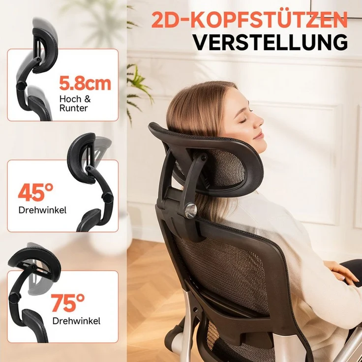 COMHOMA Bürostuhl, ergonomischer schreibtischstuhl mit Mesh, 2D-Kopfstütze, 4D-Armlehnen, Hohe Rückenlehne mit Wipp- & Feststell (90-125°), extra breite Sitzfläche, Belastbarkeit 180 kg, Schwarz – Bild 2