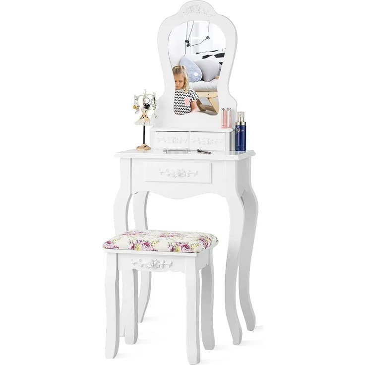 FANTASK Vintage Schminktisch Set mit abnehmbarem Spiegel, Kleiner Makeup Tisch mit 3 Schubladen und gepolstertem Hocker, Kosmetiktisch Frisiertisch Schminkkommode in Weiß