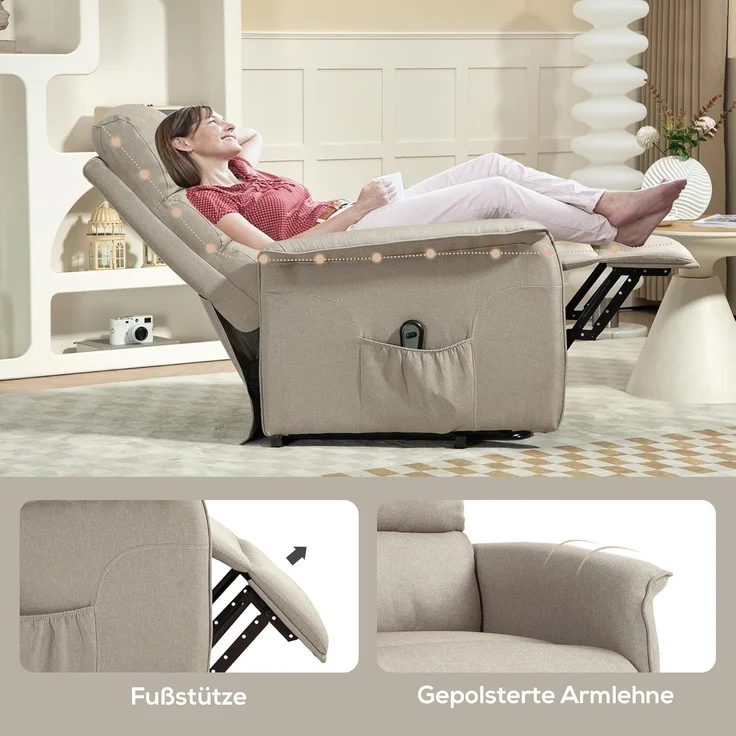 HOMCOM Relaxsessel Sessel mit Aufstehhilfe und Fußstütze (TV-Sessel, 1-St, Fernsehsessel), für Wohnzimmer, Beige – Bild 8