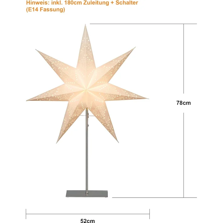 Stehlampe Weihnachtsstern Sensy von Star Trading, 3D Papierstern Weihnachten in Weiß mit Metall-Fuß, Dekostern Stehleuchte mit Kabelschalter, E14, Höhe: 78cm – Bild 7