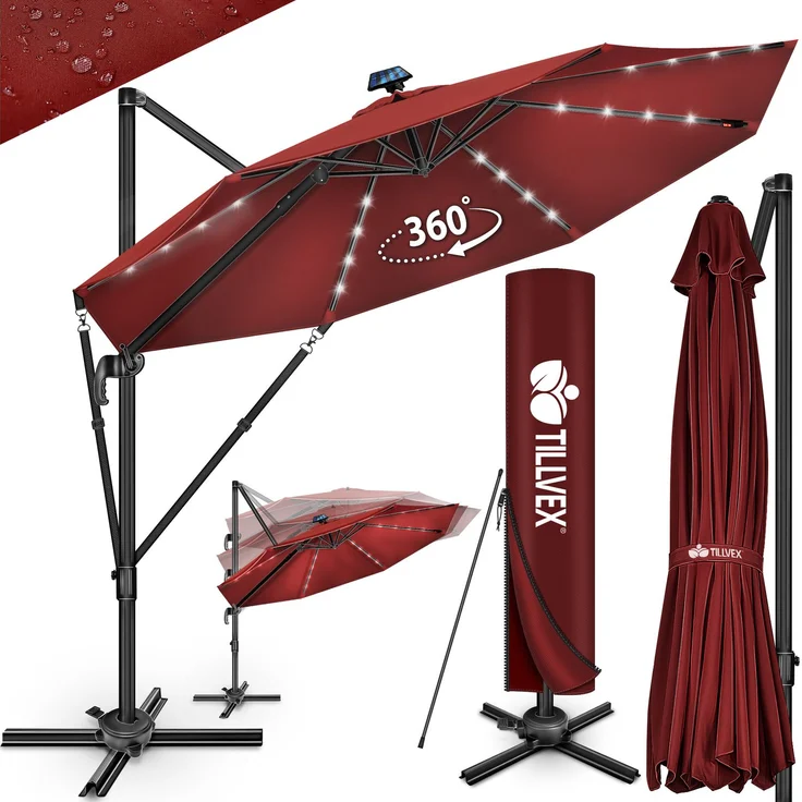 tillvex® Premium Alu Sonnenschirm 330 cm Rot + Abdeckung & Windsicherung | Ampelschirm 6-Fach Verstellbar mit Kurbel | Gartenschirm 360° Drehbar Neigbar Kippbar | Kurbelschirm UV50+ Groß wasserdicht – Bild 1
