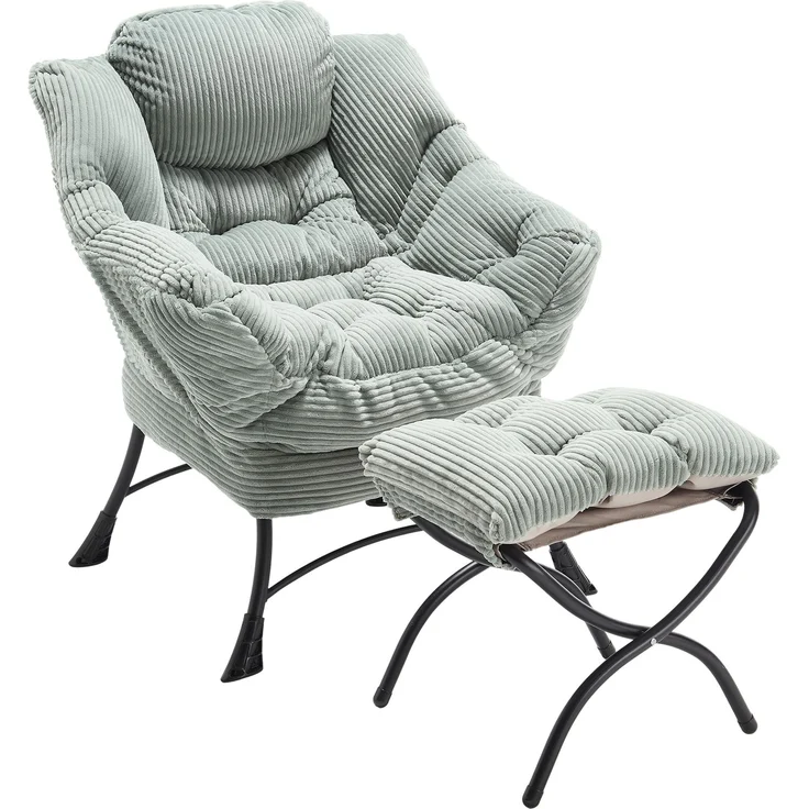 LVHOM Relaxsessel mit Hocker, Loungesessel mit Seitentasche, Lesesessel aus Cordstoff, bequem gepolstert, Metallgestell, bis 180kg belastbar, Hellgrün – Bild 2