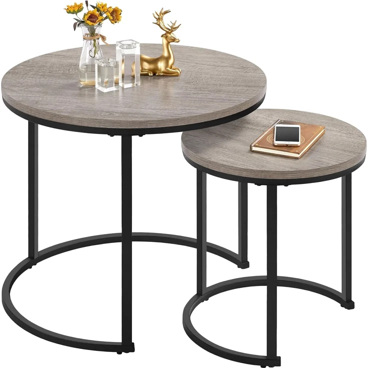 Yaheetech 2er Set Couchtisch Beistelltisch Runder Satztisch Metallgestell Kaffeetisch Wohnzimmertisch Modernes Design Sofatisch Kleiner Tisch, Grau