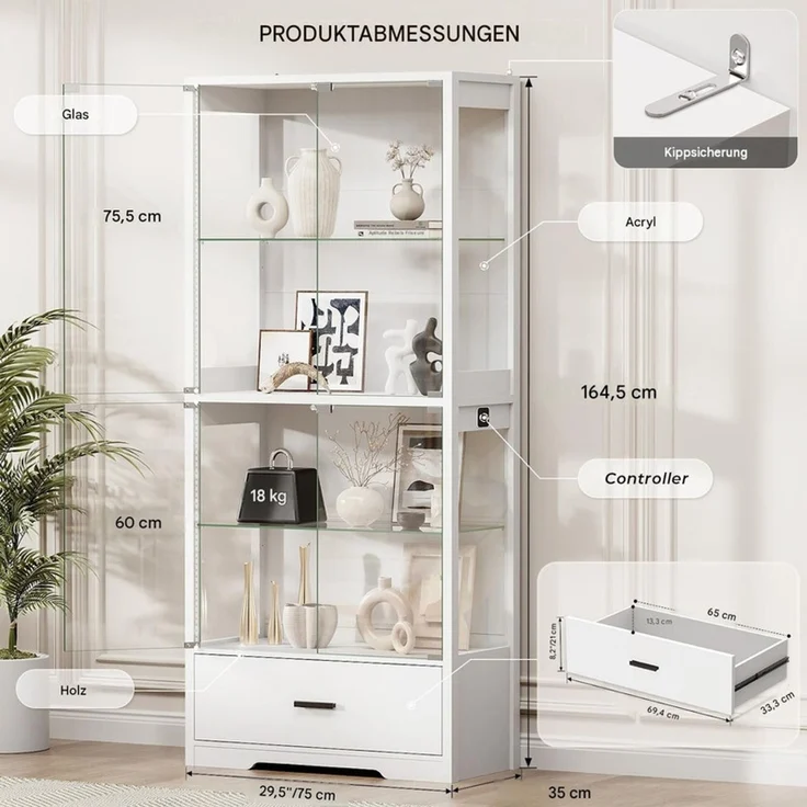 Glasvitrine 75x35x164.5 cm, 4-stöckige Vitrine mit Schublade, LED-Beleuchtung und Bewegungssensor, Weiß – Bild 4