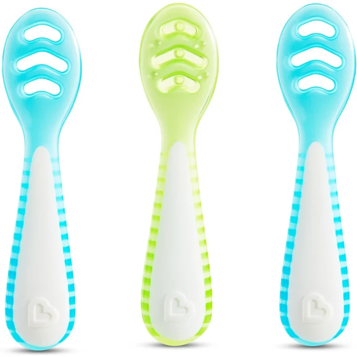 Munchkin Gentle Dip Mehrphasen-Löffel für die ersten Mahlzeiten | Beikost-Löffel für Babys ab 4 Monaten | Ideal für Baby-Led Weaning | Ergonomisches Design | BPA-frei | Blau & Grün | 3er-Pack