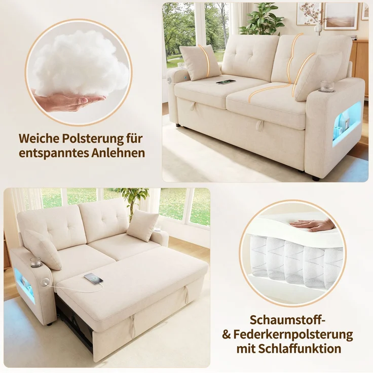 Schlafsofa 141,5x131x83,5 cm in Beige mit Schlaffunktion, LED und USB-Anschluss – Bild 7