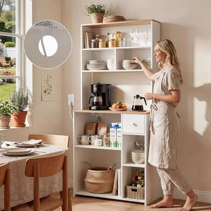 YITAHOME küchenregal mit Steckdose, 2 AC-Steckdosen, 2 USB-Anschlüssen, kaffeebar arbeitsplatte, Regal küche mit schubladen,schmales Regal 75 cm breit, Mikrowellenregal, 75 x 40 x 170 cm, Eiche und Weiß – Bild 2
