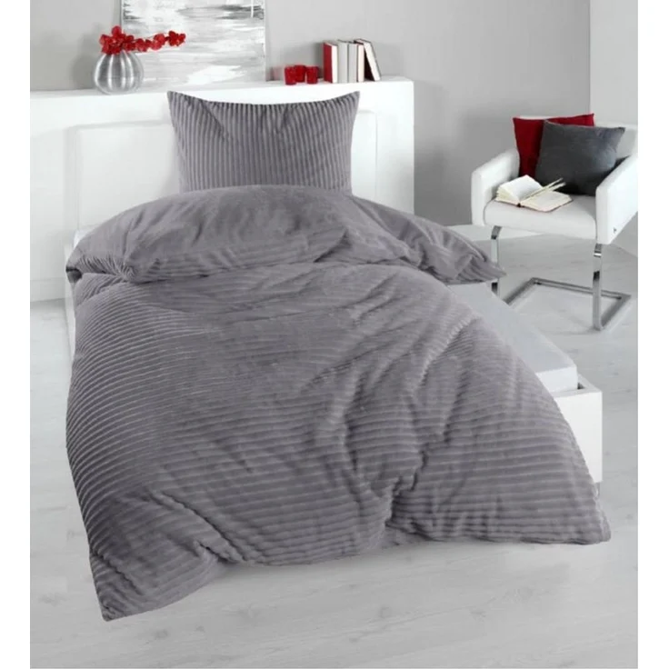 Winter Wende Bettwäsche 2 teilig Cashmere Cord Optik Reißverschluss 135 x200 cm + 80 x80 cm Silber – Bild 2