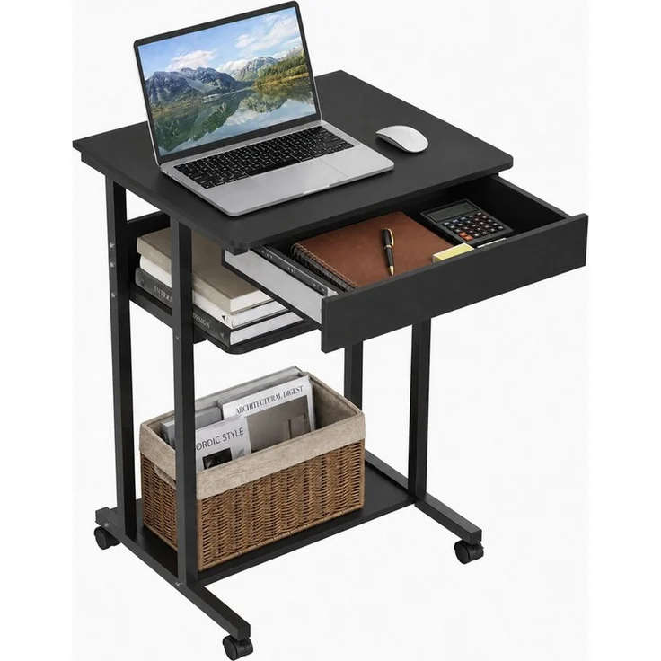 JEOBEST Computertisch Schreibtisch mit Rollen Laptoptisch, (1-St, Standregal) Beistelltisch aus Stahl mit Ablage und Schublade – Bild 1