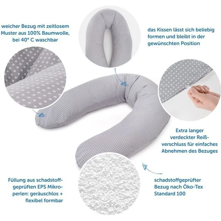 Theraline Stillkissen Dodo Pillow Premium - 180 cm inkl. Bezug aus Baumwolle - Füllung: leise & feine Mikroperlen, schadstoffgeprüft, maschinenwaschbar - Punkte Grau