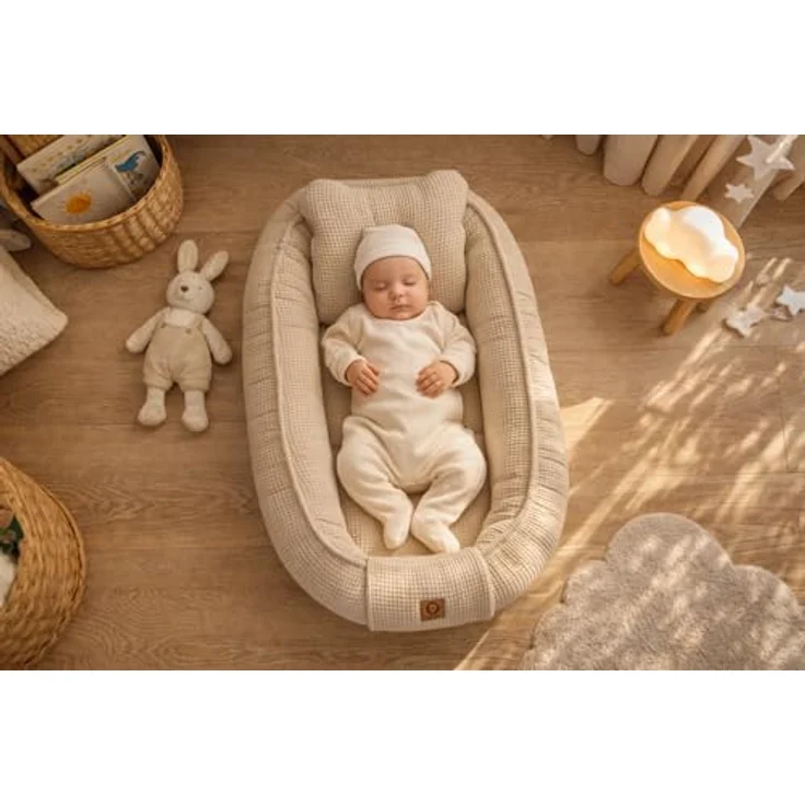Babynestchen Neugeborene – 5-teiliges Baby Set mit Babynest aus Waffelpique Baumwolle – Nestchen Baby für Babybett & Kinderbett – Babykokon Tragbar – OEKO-TEX zertifiziert – Zubehör Babybett - Sand – Bild 9
