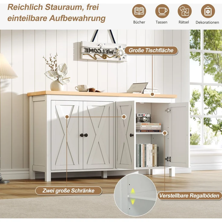 Merax 140cm Sideboard mit 4 Türen, mit Schwarzem, Rundem Griff,2 Partitionen, Multifunktionaler Aufbewahrungsschrank aus MDF-Material, Weiß – Bild 5