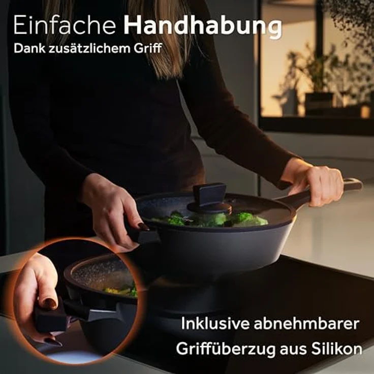 ZWIEGER Große Pfanne mit Deckel 28cm – Schmorpfanne 28 cm hoher Rand, Aluguss, vollflächiger Edelstahlboden, für alle Herdarten (inklusive Induktion) geeignet – Antihaft, PFOA- & PFOS-frei – Bild 7