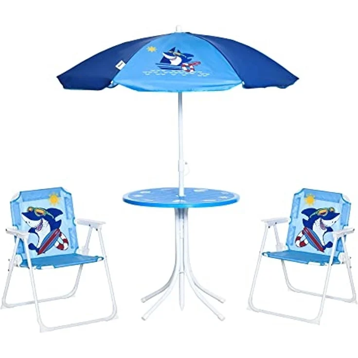Outsunny Kindersitzgruppe, 4 teilige Kindersitzgarnitur mit Sonnenschirm, Kindertisch mit 2 Klappstühlen, Outdoor Picknicktisch für Kinder 3-6 Jahre, Gartenmöbel für Garten, Hinterhof, Terrasse, Blau – Bild 1