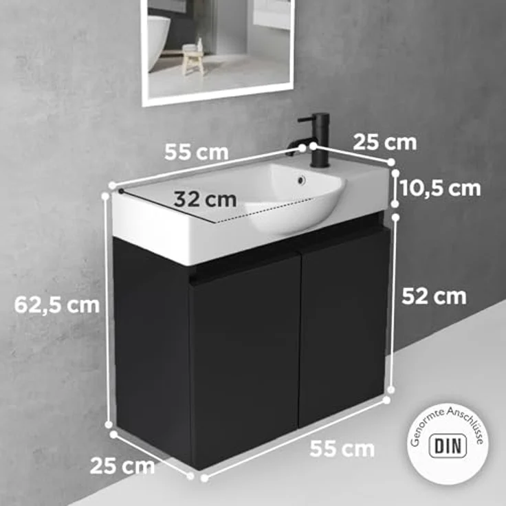 Alpenberger Badmöbel-Set Gäste WC Waschbecken mit Unterschrank 55 cm Breit, (Schwarzer Badschrank Klein, Waschtischunterschrank mit Softclose), Keramik Einbauwaschbecken Eckig Oval – Bild 3