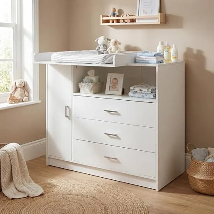 ecoMI Wickelkommode Wickeltisch Kommode mit abnehmbaren Wickelaufsatz in Weiß 113x100 cm, 3 Schubladen 1 Ablagefach 1 Tür mit 2 Fächern Abnehmbare Wickelauflage