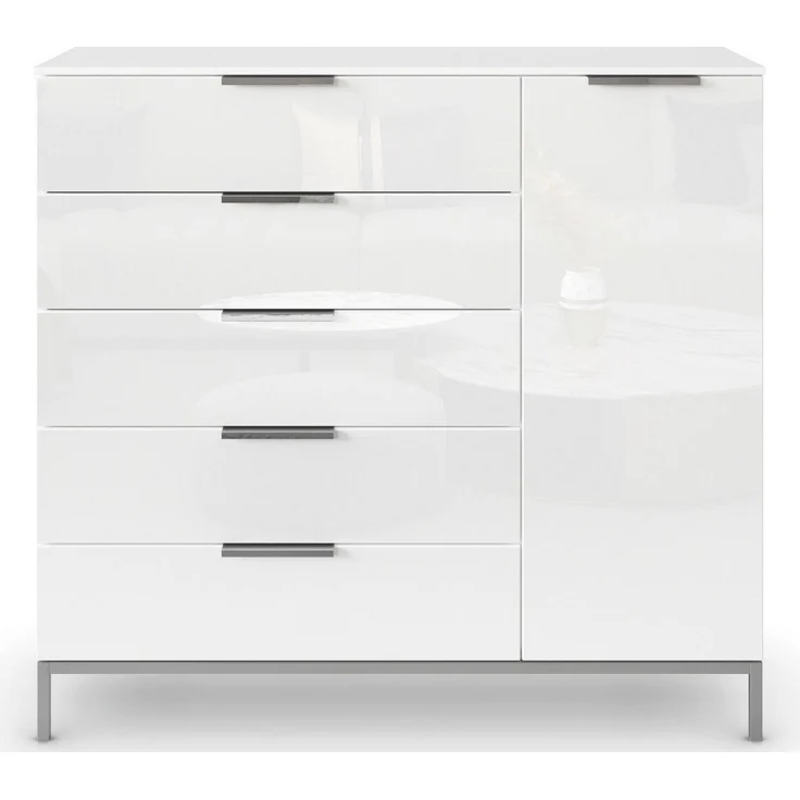 Rauch Möbel Flipp, Kommode mit Stauraum für Wohnzimmer, Schlafzimmer, Flur, 2 Fachböden, mit Metallkufe chrom, Alpinweiß/Glasfront Weiß, 1-türig, 5 Schubkästen, Griffe chrom, 120 x 111 x 42 cm – Bild 3