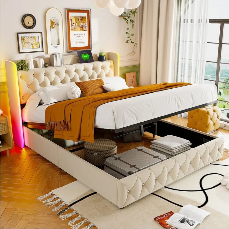 FUROKOY Stauraumbett Hydraulisches Funktionsbett (1-tlg, Polsterbett Doppelbett 160x200 cm mit Kopfteil und Ladeanschluss), Vintage-Knopfdesign, Ohne Matratze, Samt, Beige – Bild 3