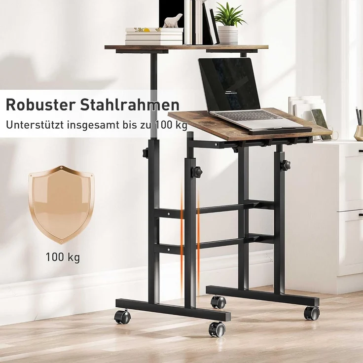 HOMCOM Schreibtisch 2-stufige Arbeitsfläche (Laptoptisch, 1-St, Arbeitstisch), Höhenverstellbar, Rustikal-Braun – Bild 7