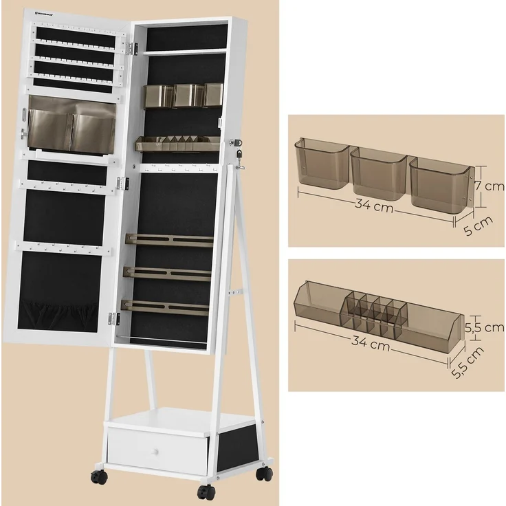 Songmics Schmuckschrank, Ganzkörperspiegel, Spiegelschrank, abschließbarer Schmuckorganizer mit Schublade, Rollen, 41,5 x 37 x 152,5 cm, Weiß – Bild 4