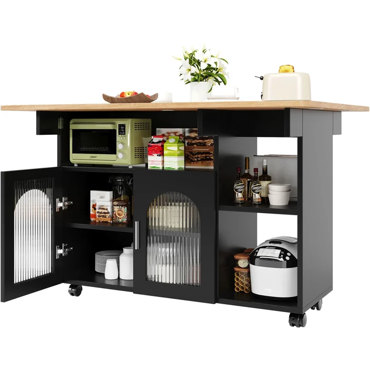 Kücheninsel,Modernes Küchensiland, Küchenschrank, Abnehmbare Servierwagen buffetschrank, Speisewagen mit Holzmaserung, buffetschrank, Multifunktionale Esstisch mit Speicherraum, Schwarz – Bild 4