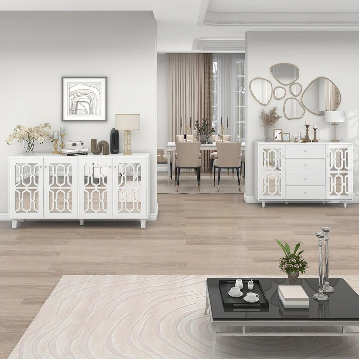Weißes Spiegel-Sideboard 147×40×102 cm mit 4 Schubladen, 2 Türen, Glasgriffen,Kommode Highboard Luxus Design – Bild 4