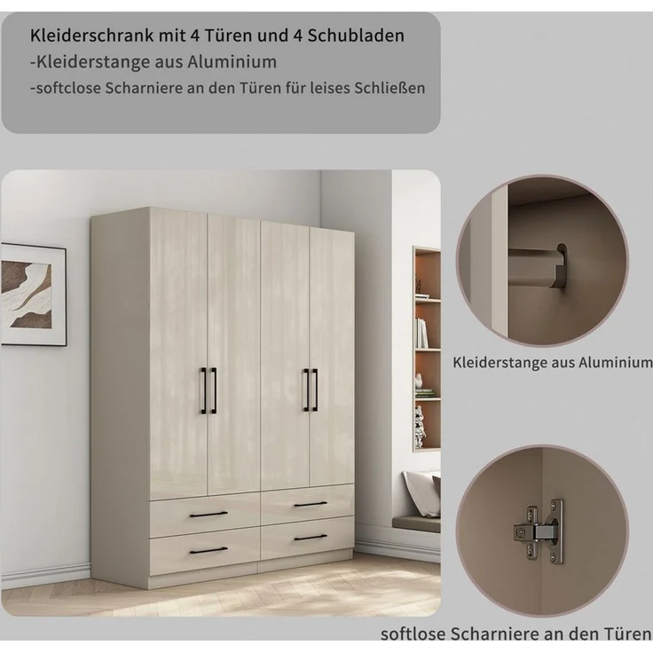 OTTO home Kleiderschrank Sylt Schlafzimmerschrank Bestseller mit hochglänzenden Fronten (Drehtürenschrank mit 4 Schubladen und 4 Türen) Schrank in Breite 160 mit viel Stauraum – Bild 3