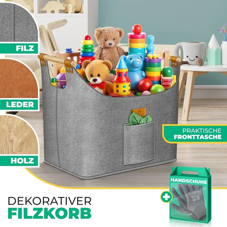 KESSER® Brennholzkorb | Kaminholztasche extra dicker Filz | Feuerholzkorb faltbar mit verstärkten Holzgriffen | Aufbewahrungskorb für Holz, Zeitung oder Brennholz | Inkl. Arbeitshandschuhen Grau, 60 Liter – Bild 3