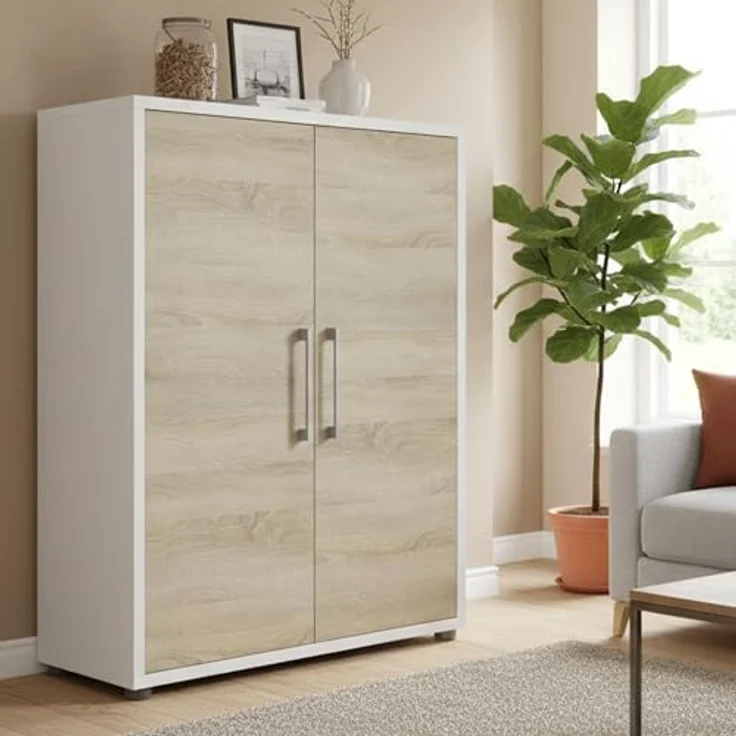 Dmora - Kommode Leocadie, Wohnzimmerbuffet, Wohnzimmer-Sideboard, Moderne Küchen-Speisekammer, 89x40 h113 cm, Weiß und Eiche – Bild 2