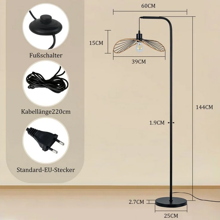 ZMH Stehlampe Wohnzimmer Vintage Metall E27 Stehleuchte Papierschirm Schlafzimmer, ohne Leuchtmittel, Metall & Papier,Höhenverstellbarer Schirm,Schmetterlingsschirm – Bild 3