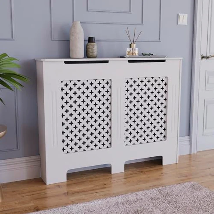 Vida Designs Oxford-Heizkörperabdeckung, moderner weißer MDF-Schrank mit Rillen, oberes Regal aus Holz, mittelgroß – Bild 2