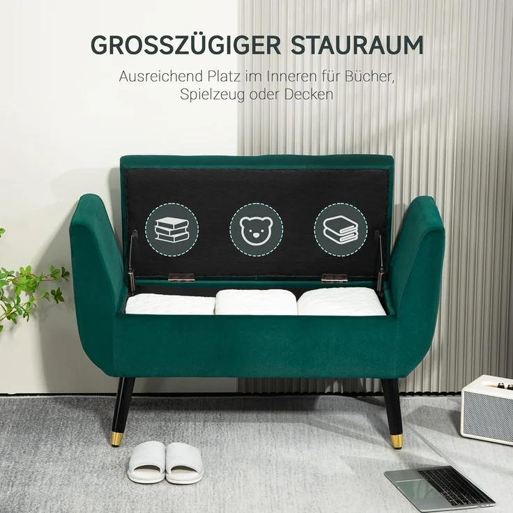 HOMCOM Sitzbank mit Stauraum Armlehnen, Samtartiges Polyester (Truhenbank, 1-St, Polsterbank), Gummiholz Grün 107 x 42 x 65 cm – Bild 4