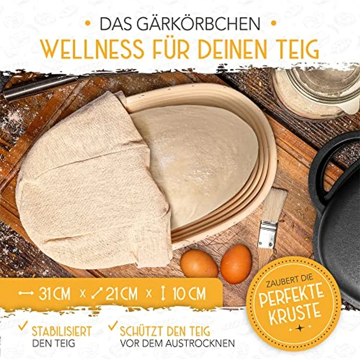 Krustenzauber Brotbackform 34cm Gusseisen Bräter mit Deckel backofengeeignet inkl. Gärkorb, (ovaler Gusseisen Topf Brot Backen - Ideal als Ofenform), Bräter Induktion, Brotbacktopf, Brot Backen Zubehör – Bild 5