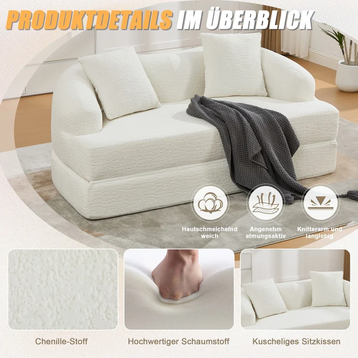 ZUBALIYA Schlafsofa 84x65 cm, mit LED - Beleuchtung, mit Chenille - Bezug, modular aufgebaut, mit Schaumstoffpolsterung, Beige – Bild 2