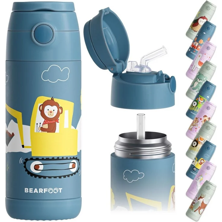 BEARFOOT Trinkflasche Thermo Kinder Trinkflasche Edelstahl - Bagger Affe blau, Thermosflasche, auslaufsicher, Edelstahl, Kinderflasche, BPA-frei – Bild 1