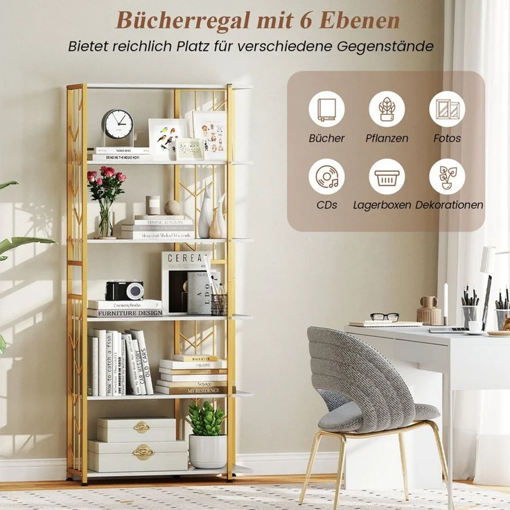 COSTWAY Bücherregal, geometrisches Standregal, 6-stöckig, Metallrahmen – Bild 2