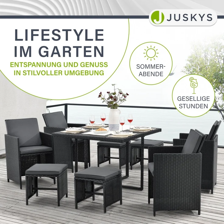 Juskys Polyrattan Sitzgruppe Baracoa L 9-teilig wetterfest & stapelbar – Gartenmöbel Set mit 4 Stühle, 4 Hocker & Tisch für Garten & Terrasse – Bild 6